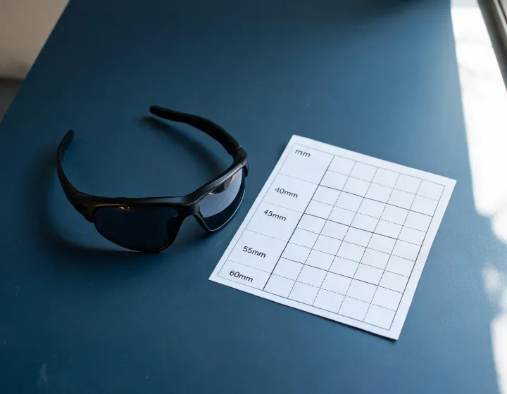 Unbranded youth baseball sunglasses on a specification desk with a sizing chart