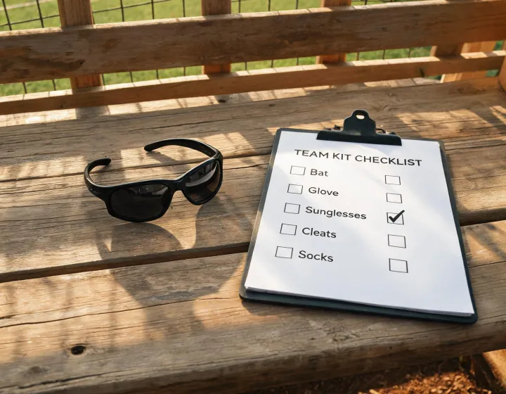 Youth baseball field sunglasses laid out for a team kit brief