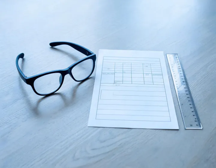 Prescription worksheet beside unbranded baseball sunglasses